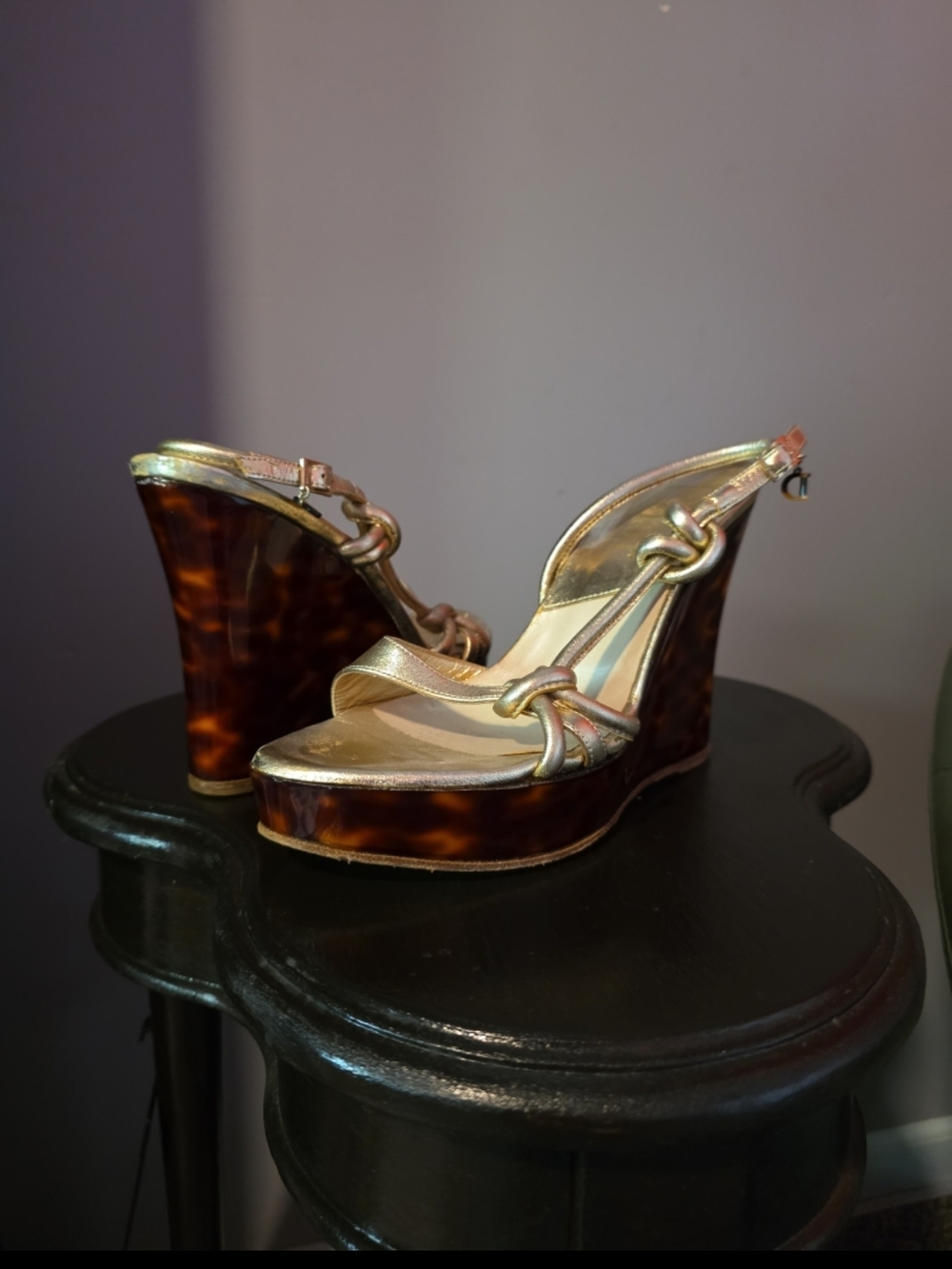 Christian Dior Gold Metallic Wedge Sandals with Tortoiseshell Platform